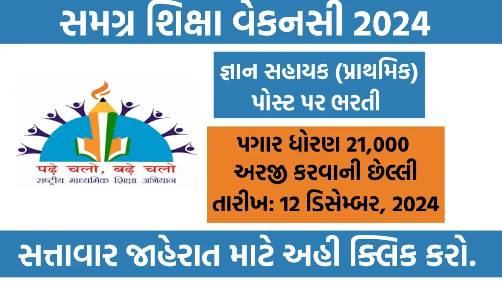 Samagrah Shiksha Vacancy 2024:  જ્ઞાન સહાયક (પ્રાથમિક) પોસ્ટ પર ભરતીની જાહેરાત, પગાર ધોરણ 21,000 , અહી જુઓ અરજી પ્રક્રિયા